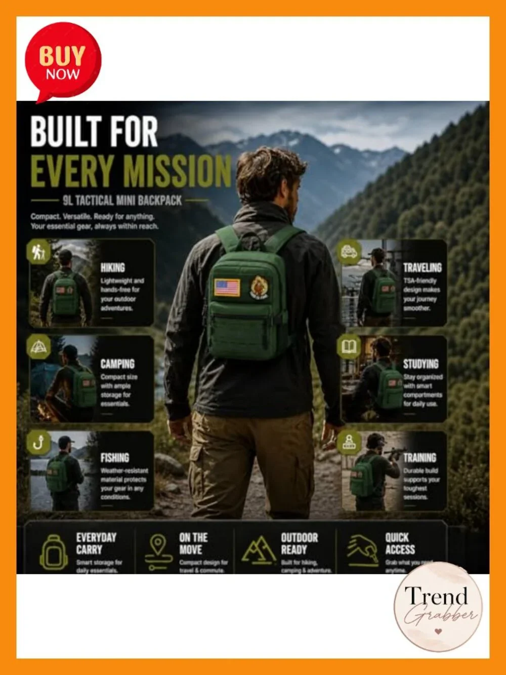 9L Mini Tactical Backpack Waterproof Oxford 1000D Polyester Gym Hiking Daypack